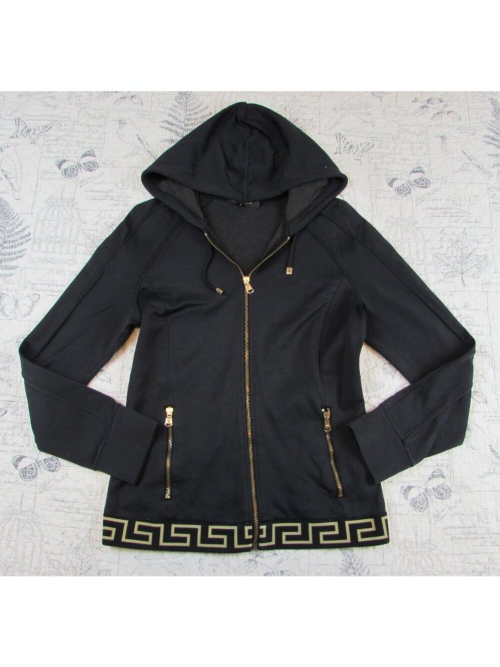 Versace black Gold Greek Key technical zip front Hoodie womens size 4
